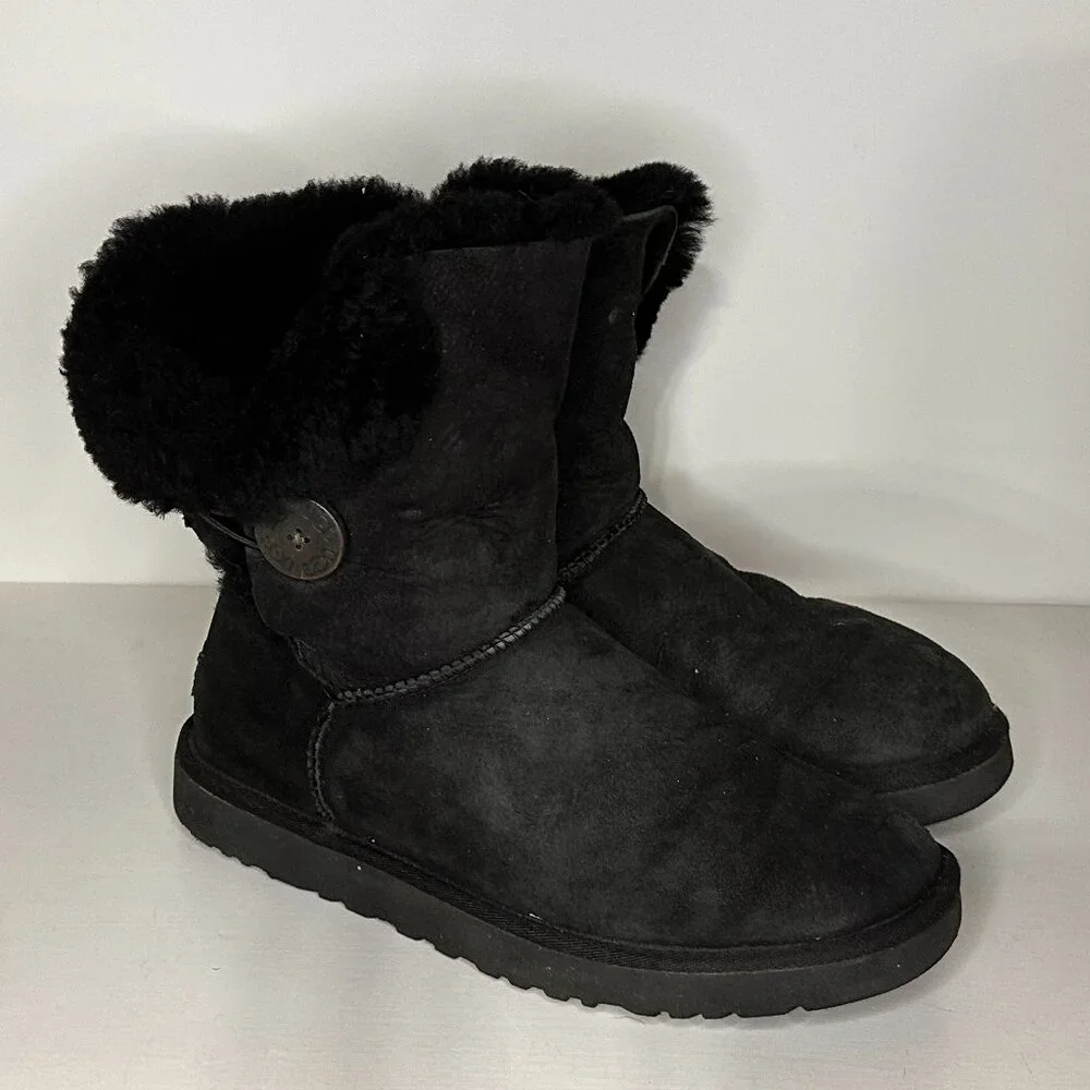 Ugg Bailey Button (5803) Black Suede Fur Lined Ankle Boots Women Size 10